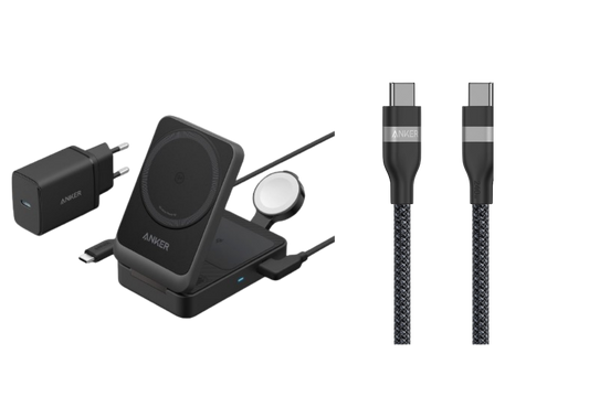 Anker MagGo Kabellose Ladestation (Faltbar 3-in-1) + Anker USB-C auf USB-C Kabel (90cm, 240W, Upcycled-Geflochten)