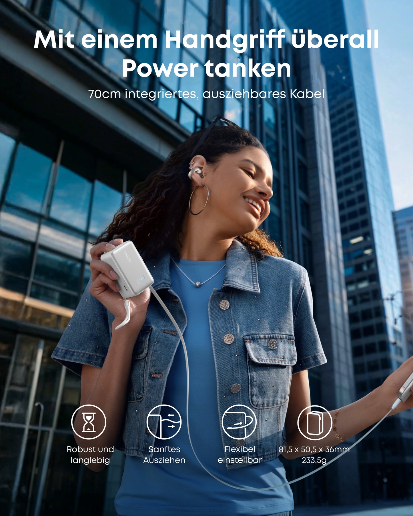 Anker Nano Powerbank  (10K, 45W, Integriertes einziehbares USB-C Kabel)
