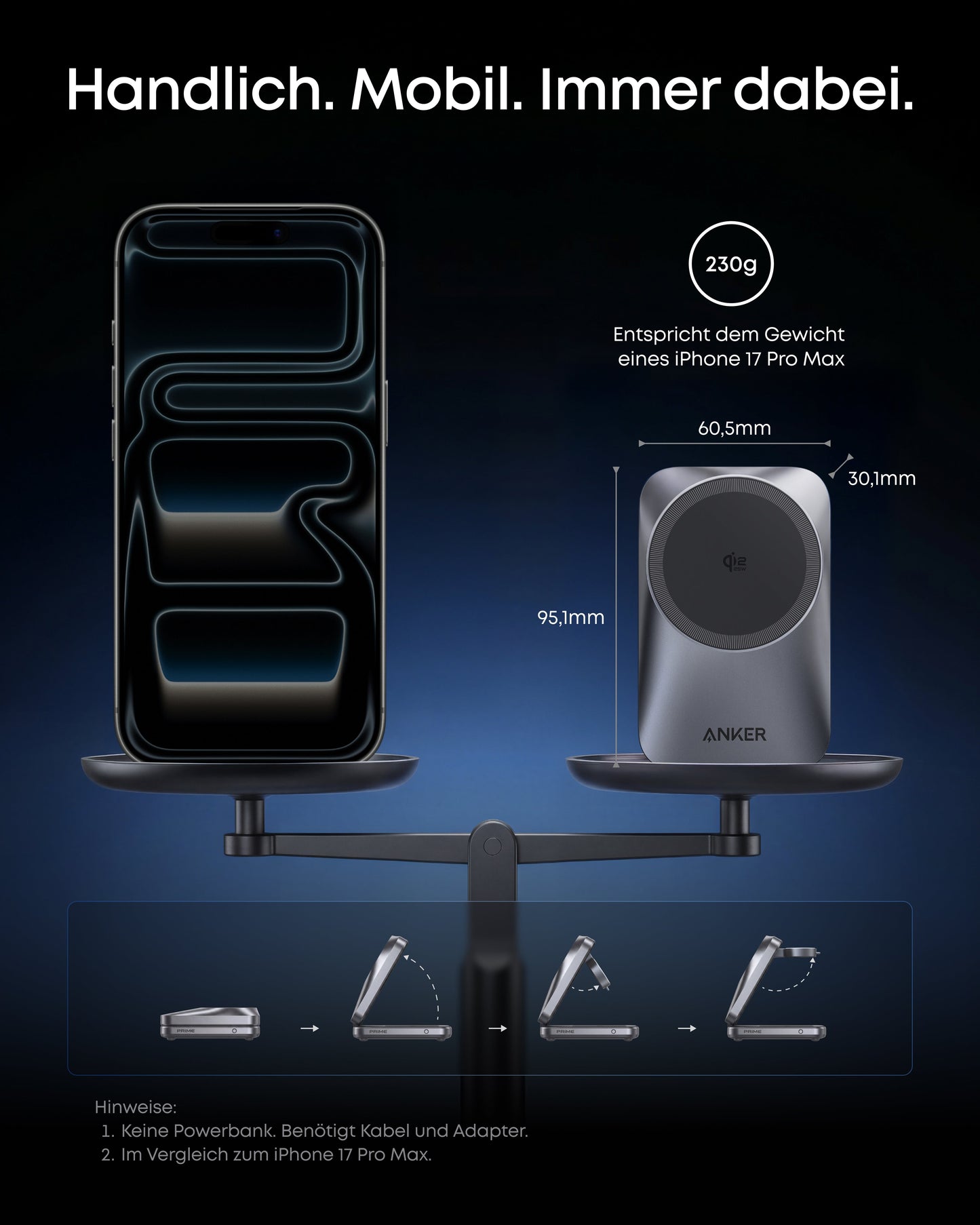 Anker Prime Kabellose Ladestation  (3-in-1, MagGo, AirCool, Faltbar)