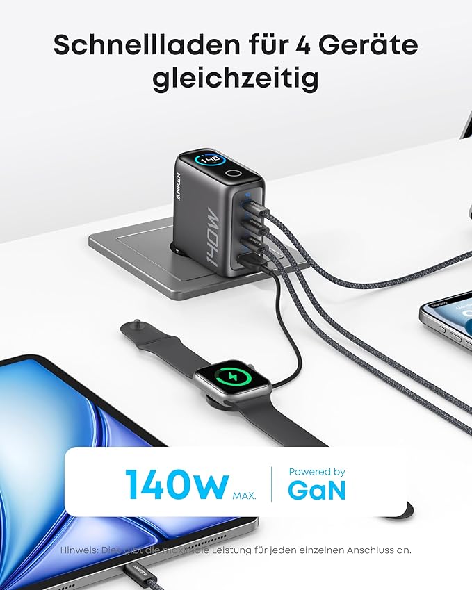 Anker Ladegerät (140W, 4-Port, PD 3.1) mit USB-C Kabel+Anker Prime USB-C auf USB-C Kabel (240W, Upcycled-Flechtdesign, 1.8m)