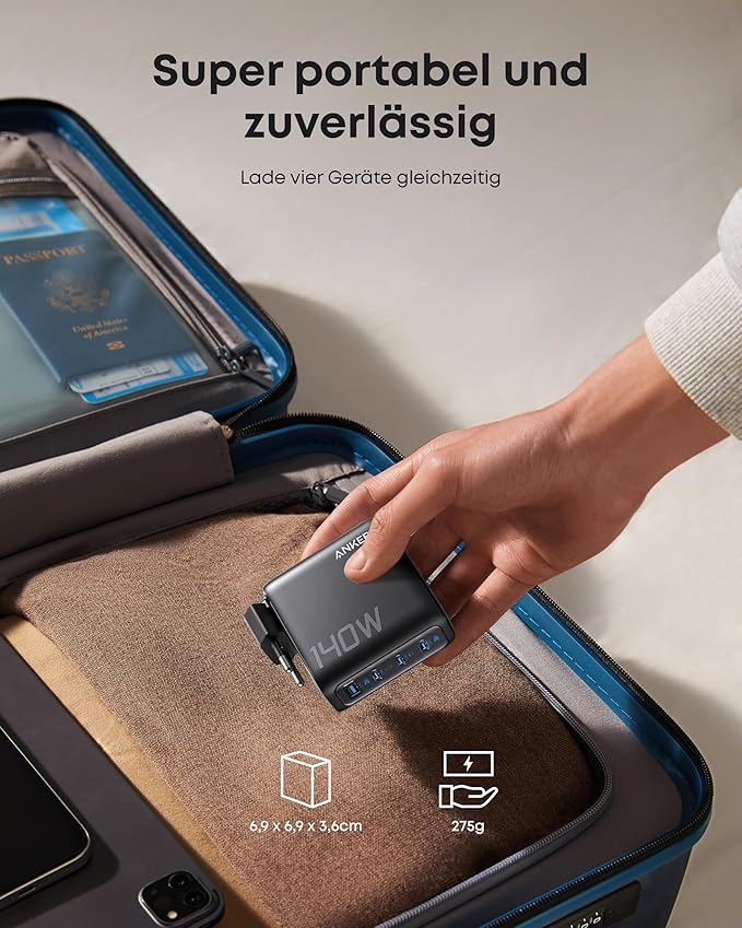 Anker Ladegerät (140W, 4-Port, PD 3.1) mit USB-C Kabel+Anker Prime USB-C auf USB-C Kabel (240W, Upcycled-Flechtdesign, 1.8m)