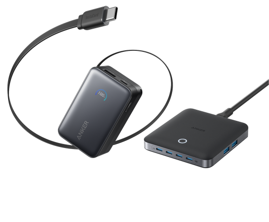 Anker Nano Powerbank (10K, 45W, Integriertes einziehbares USB-C Kabel)+Anker Nano Ladegerät (130W, 6 Ports)