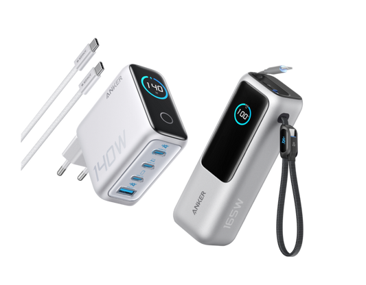 Anker Powerbank (25K, 165W, Integriertes + einziehbares Kabel)+Anker Ladegerät (140W, 4-Port, PD 3.1) mit USB-C Kabel