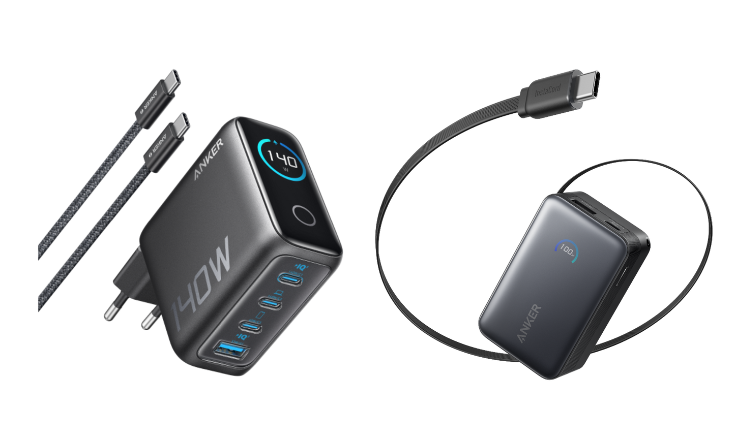Anker Ladegerät (140W, 4-Port, PD 3.1) mit USB-C Kabel+Anker Nano Powerbank (10K, 45W, Integriertes einziehbares USB-C Kabel)