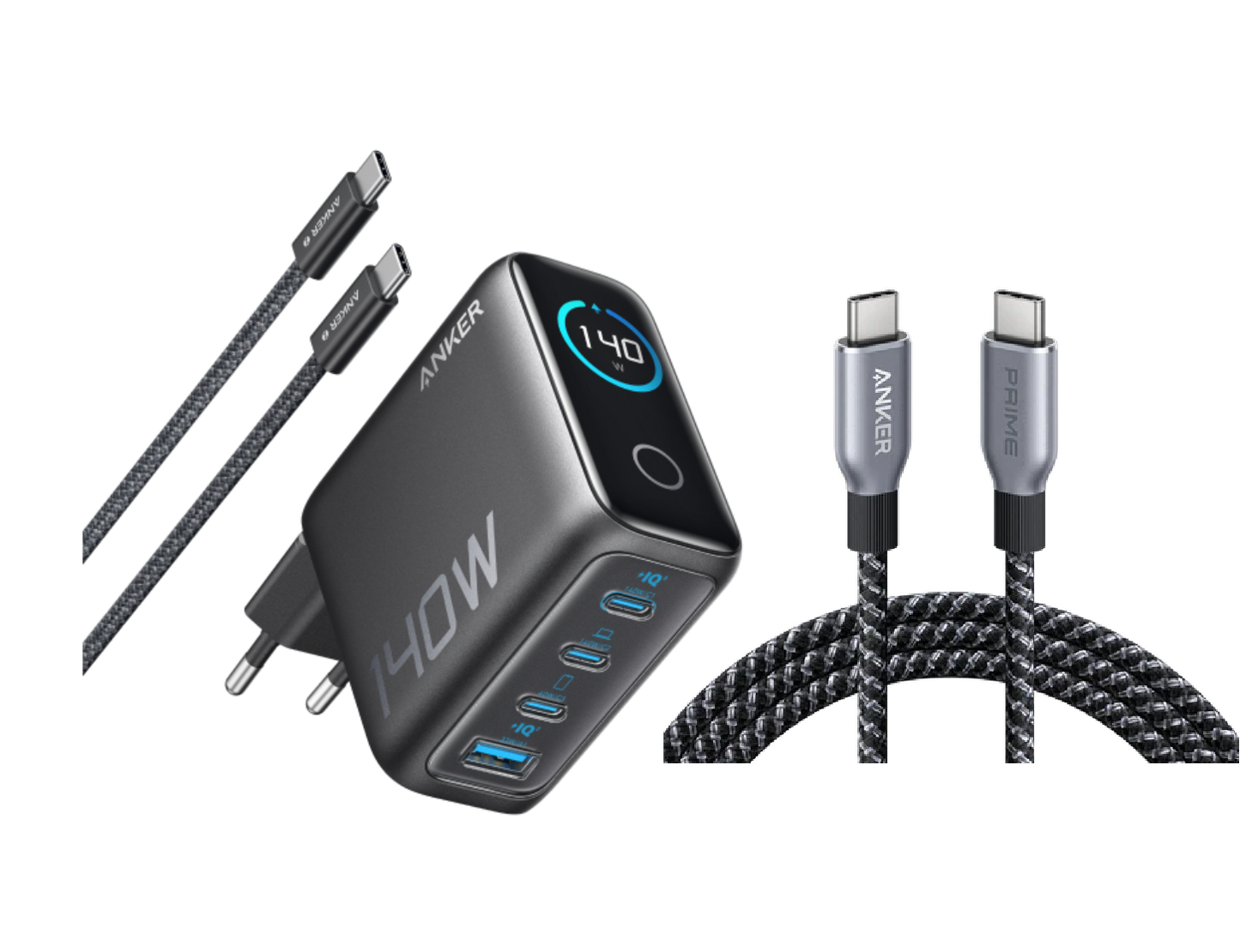 Anker Ladegerät (140W, 4-Port, PD 3.1) mit USB-C Kabel+Anker Prime USB-C auf USB-C Kabel (240W, Upcycled-Flechtdesign, 1.8m)