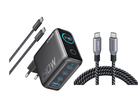 Anker Ladegerät (140W, 4-Port, PD 3.1) mit USB-C Kabel+Anker Prime USB-C auf USB-C Kabel (240W, Upcycled-Flechtdesign, 1.8m)