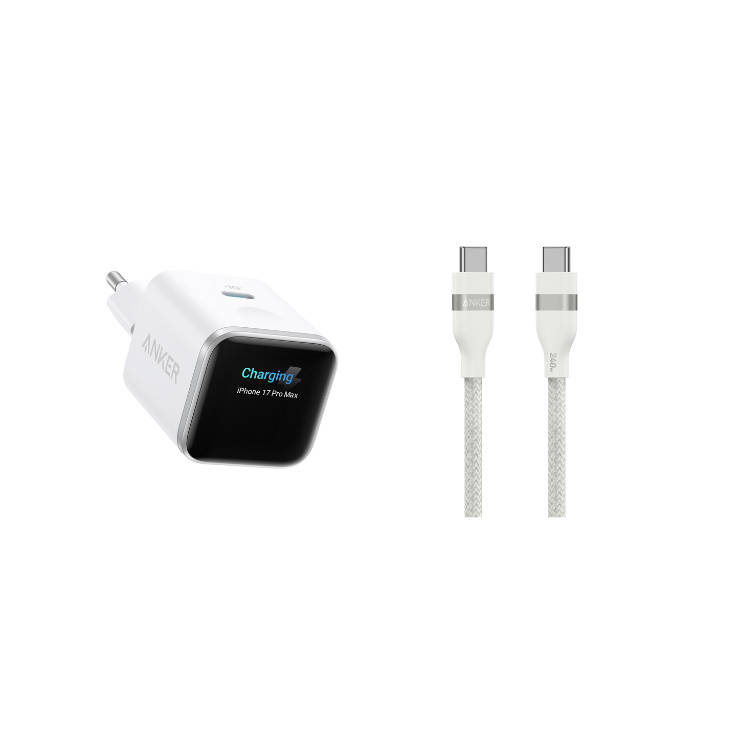 Anker Nano Ladegerät (45W, Smart Display)+Anker USB-C auf USB-C Kabel (90cm/180cm, 240W, Upcycled-Geflochten)