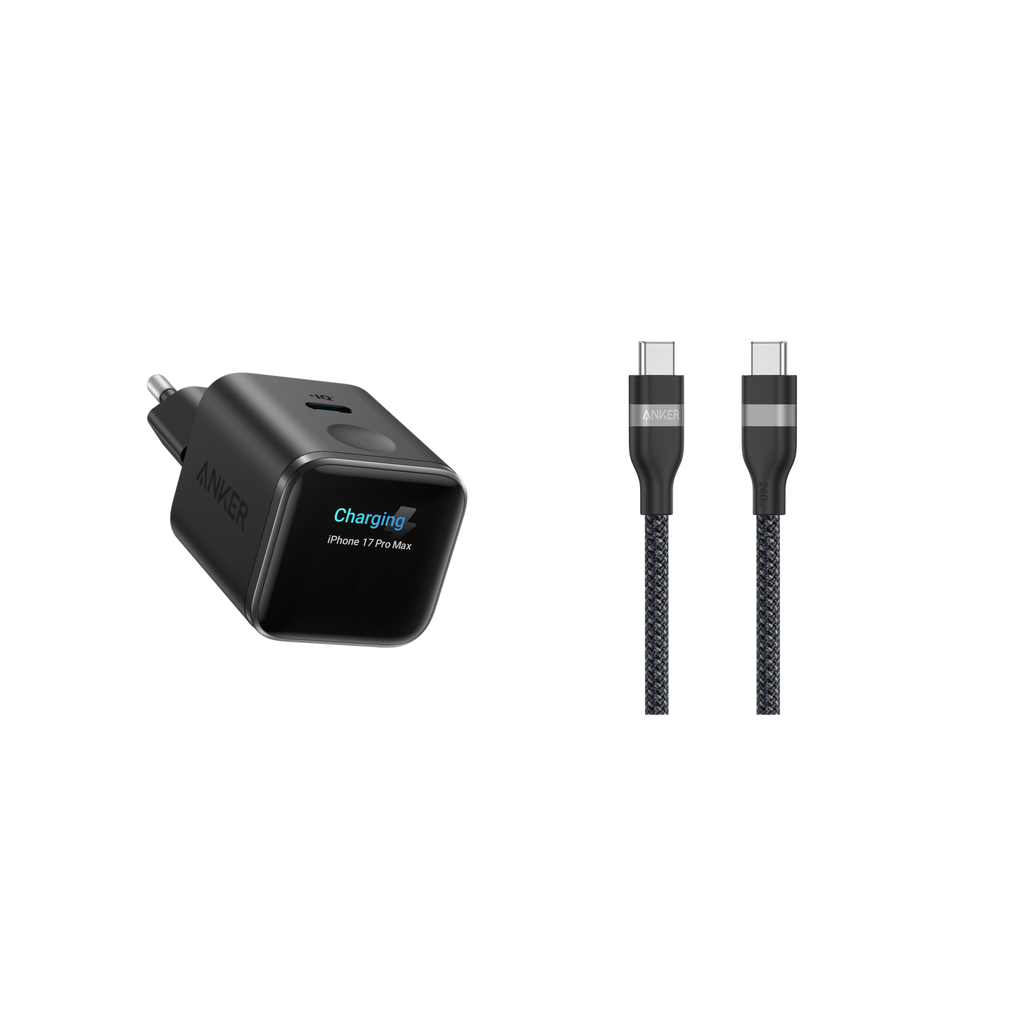 Anker Nano Ladegerät (45W, Smart Display)+Anker USB-C auf USB-C Kabel (90cm/180cm, 240W, Upcycled-Geflochten)