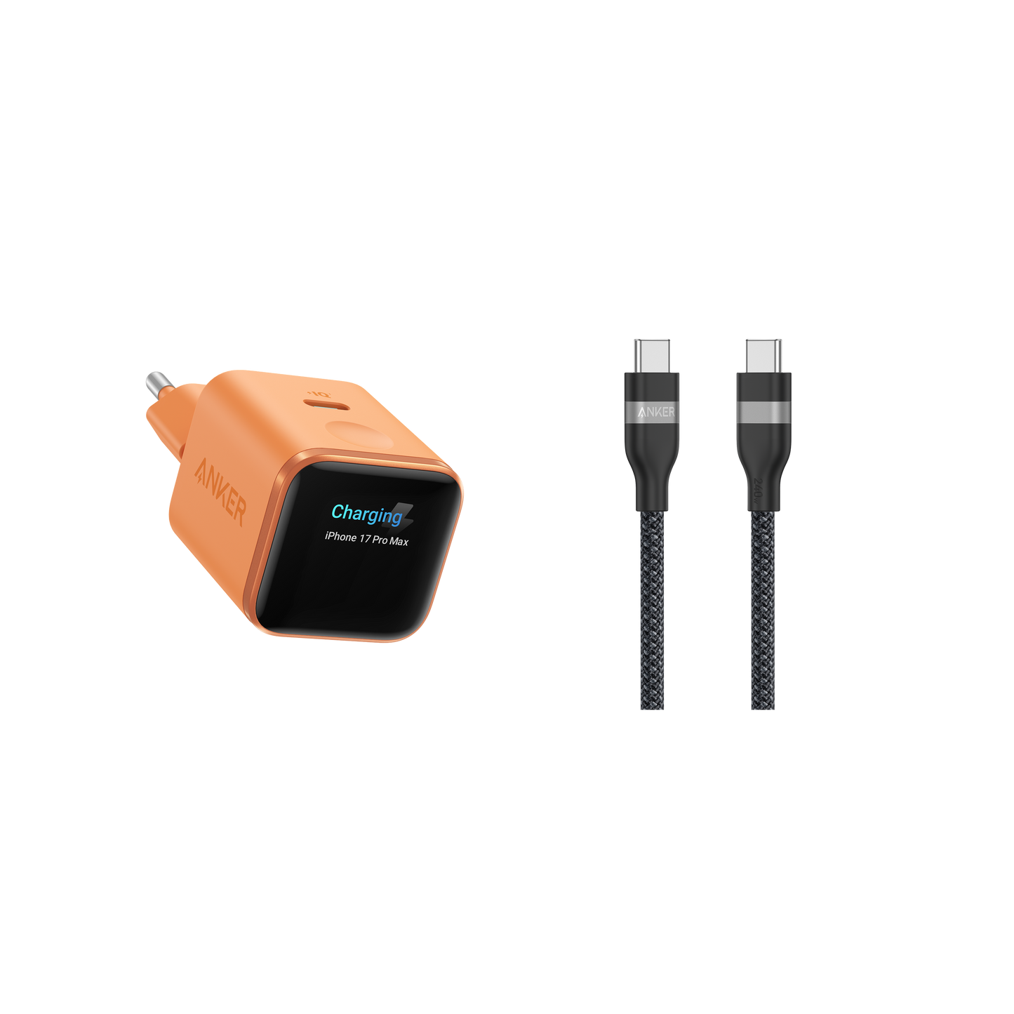 Anker Nano Ladegerät (45W, Smart Display)+Anker USB-C auf USB-C Kabel (90cm/180cm, 240W, Upcycled-Geflochten)