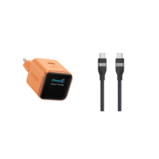 Anker Nano Ladegerät (45W, Smart Display)+Anker USB-C auf USB-C Kabel (90cm/180cm, 240W, Upcycled-Geflochten)