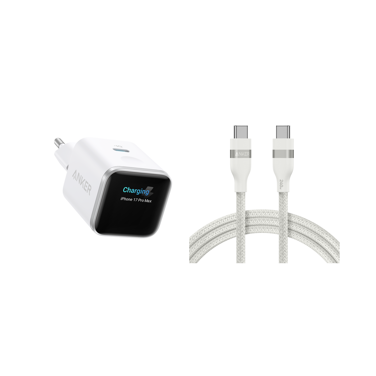 Anker Nano Ladegerät (45W, Smart Display)+Anker USB-C auf USB-C Kabel (90cm/180cm, 240W, Upcycled-Geflochten)