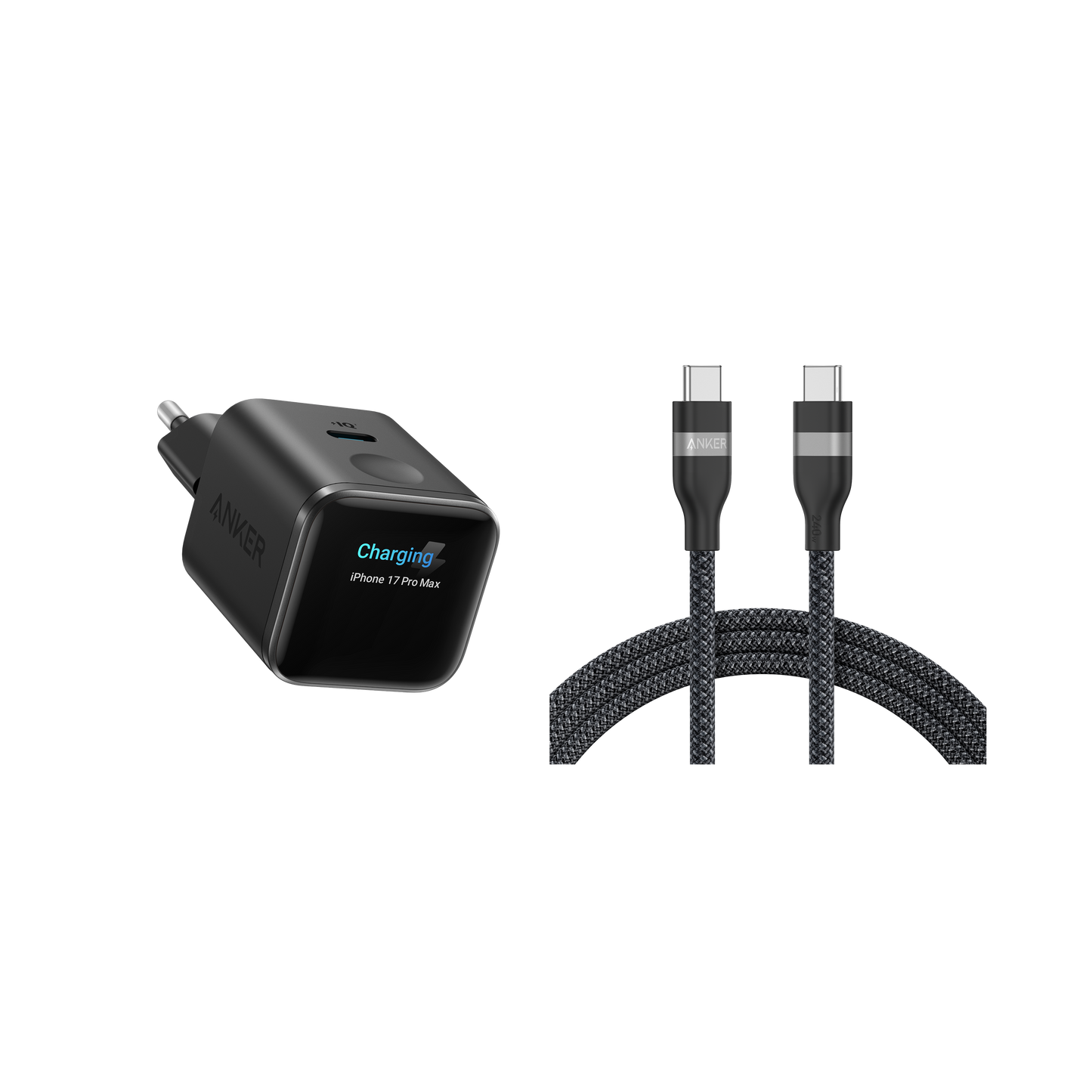 Anker Nano Ladegerät (45W, Smart Display)+Anker USB-C auf USB-C Kabel (90cm/180cm, 240W, Upcycled-Geflochten)