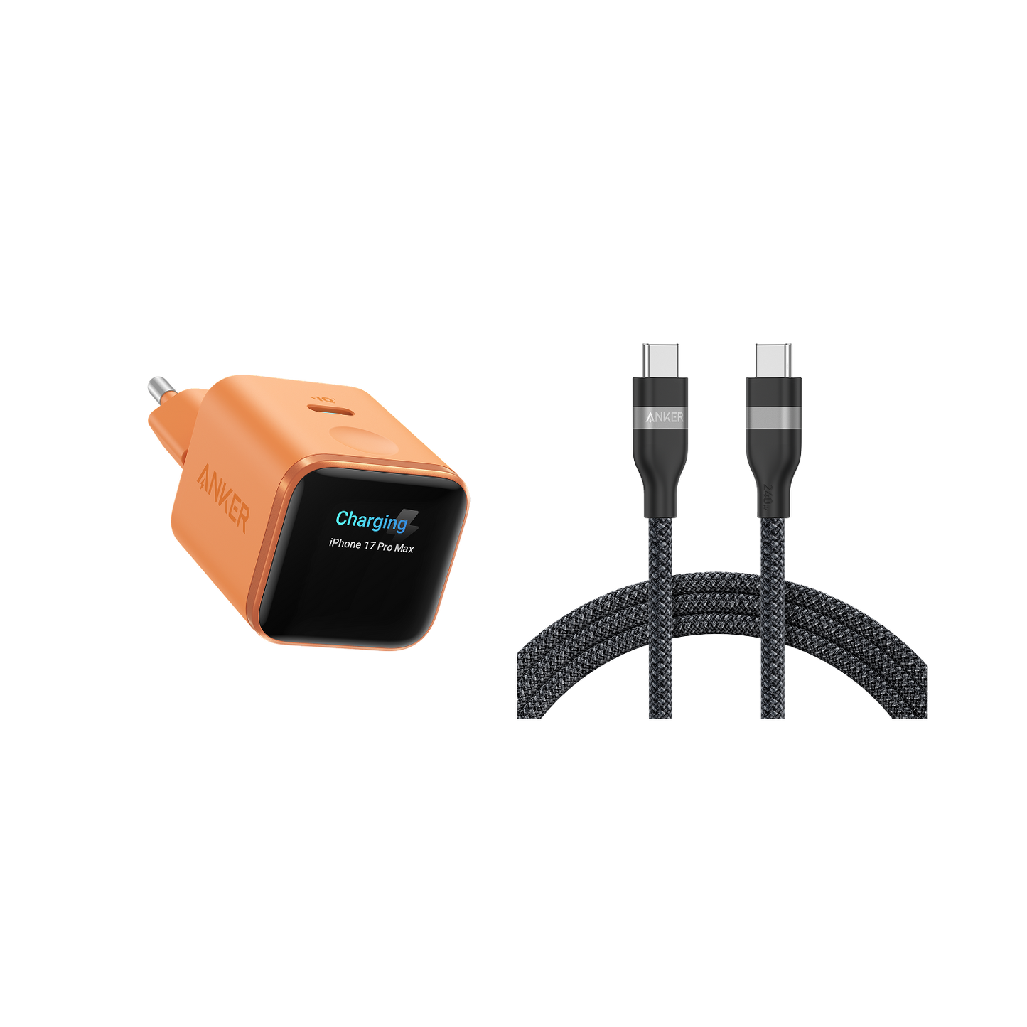 Anker Nano Ladegerät (45W, Smart Display)+Anker USB-C auf USB-C Kabel (90cm/180cm, 240W, Upcycled-Geflochten)
