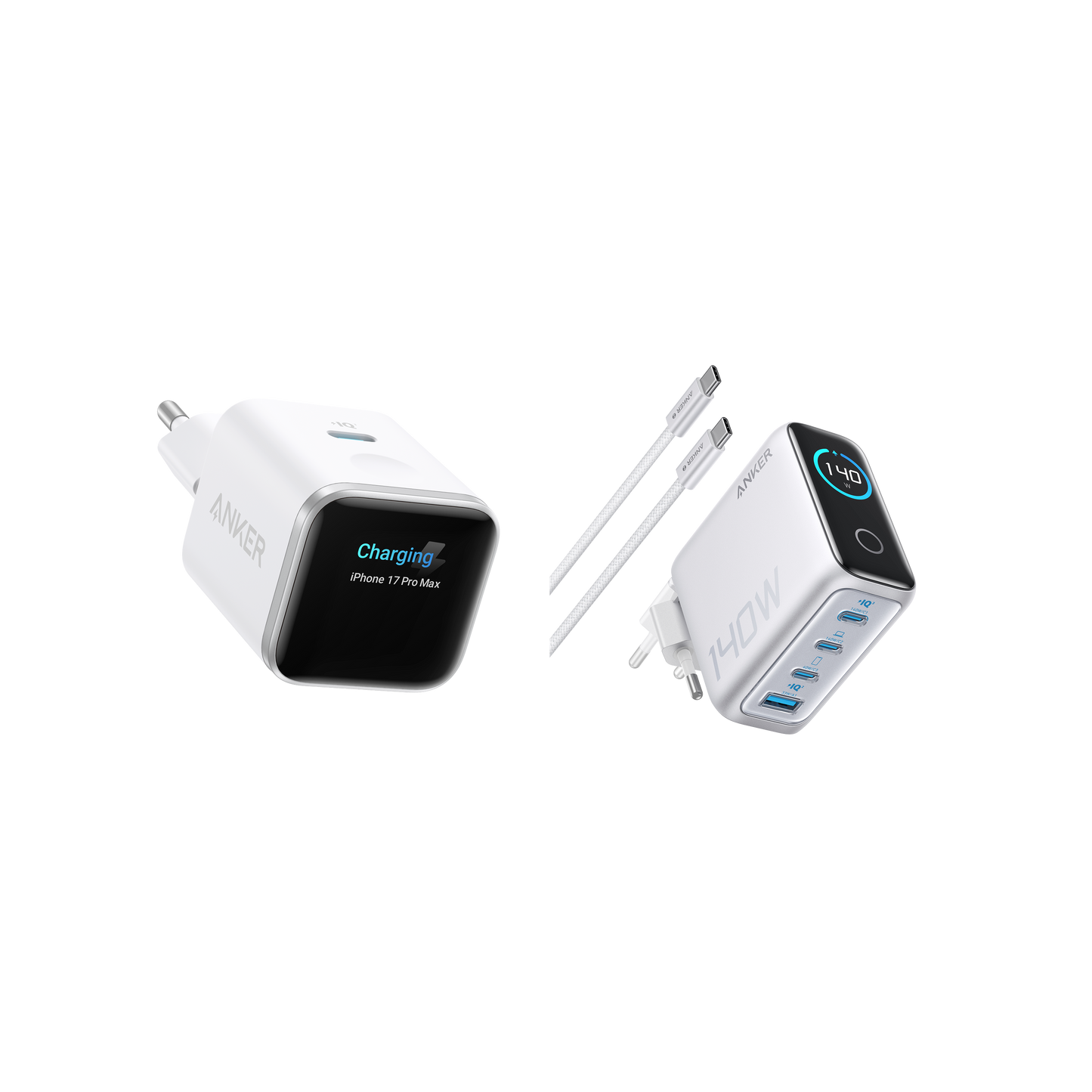 Anker Nano Ladegerät (45W, Smart Display)+Anker Ladegerät (140W, 4-Port, PD 3.1) mit USB-C Kabel