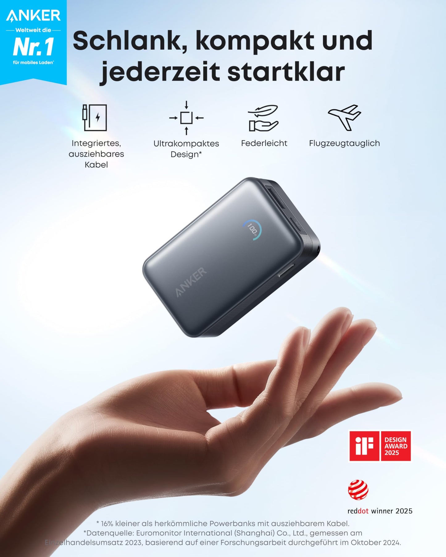 Anker Powerbank (25K, 165W, Integriertes + einziehbares Kabel) + Anker Nano Powerbank  (10K, 45W, Integriertes einziehbares USB-C Kabel)