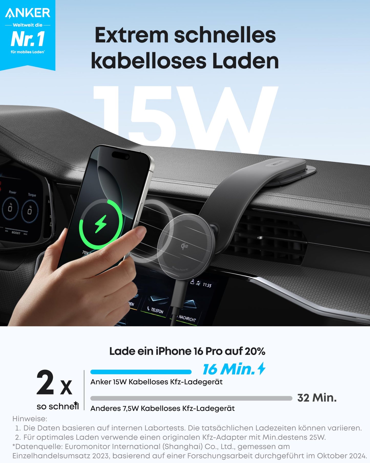 Anker Nano Kabelloses Kfz-Ladegerät (Magnetisch, abnehmbares Ladepad)