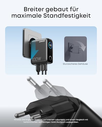 Anker Ladegerät (100W, 3 Ports, Smart Display) mit USB-C Kabel