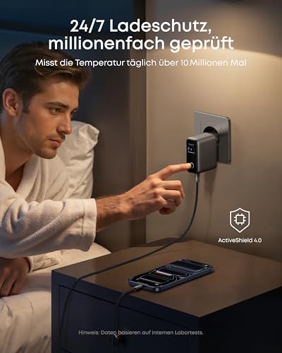 Anker Ladegerät (100W, 3 Ports, Smart Display) mit USB-C Kabel