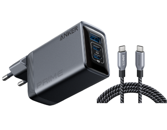 Anker Prime Ladegerät (100W, 3 Ports, GaN)+Anker Prime USB-C auf USB-C Kabel (240W, Upcycled-Flechtdesign)