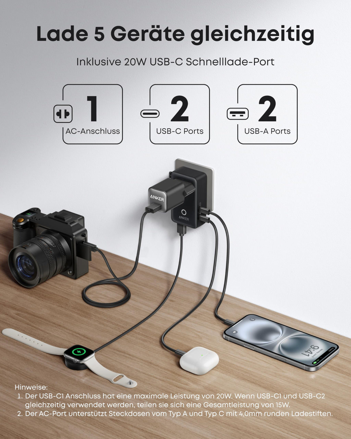 Anker Ladegerät (140W, 4-Port, PD 3.1) mit USB-C Kabel+Anker Nano Reiseadapter (5-in-1, 20W)