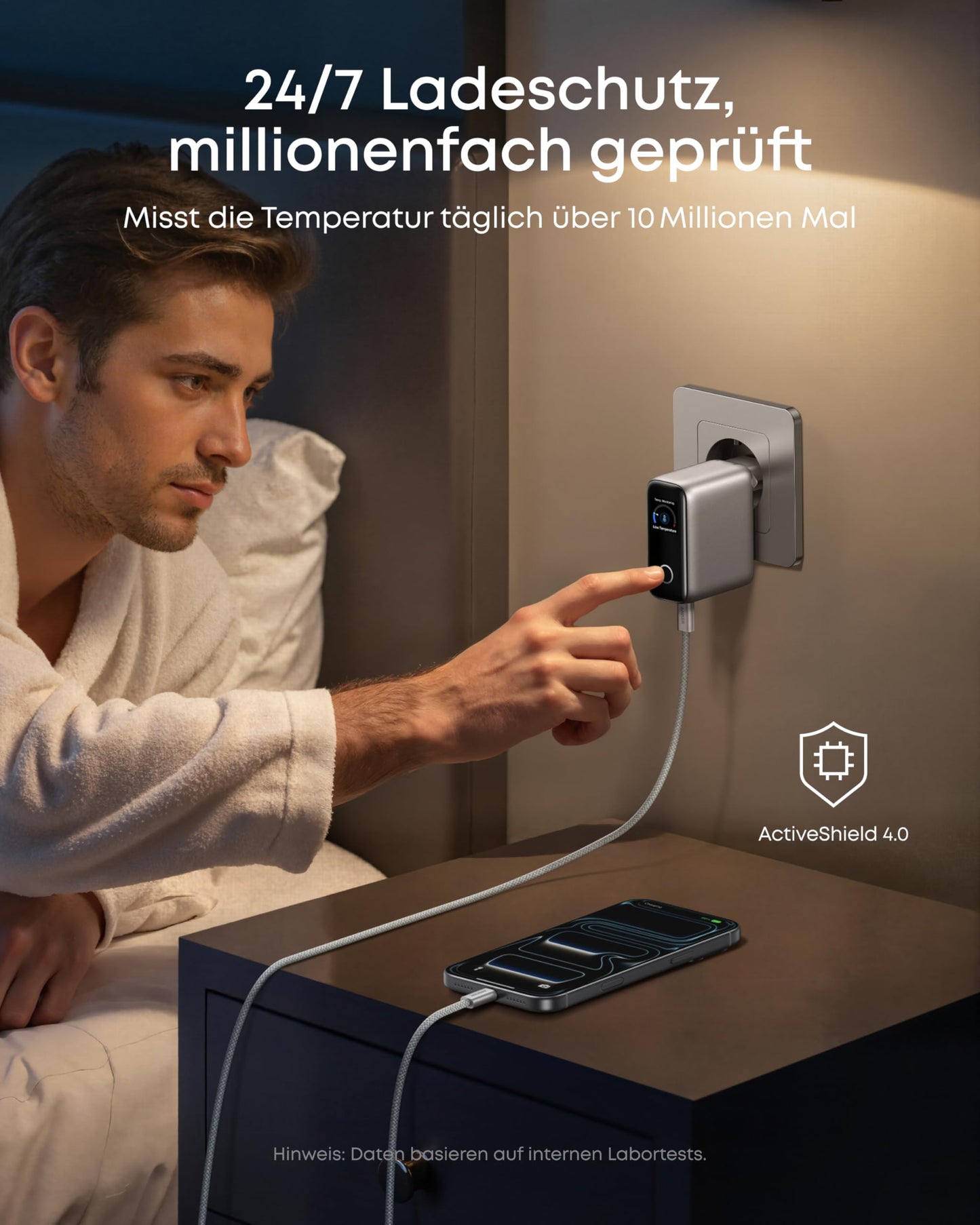 Anker Ladegerät (100W, 3 Ports, Smart Display) mit USB-C Kabel