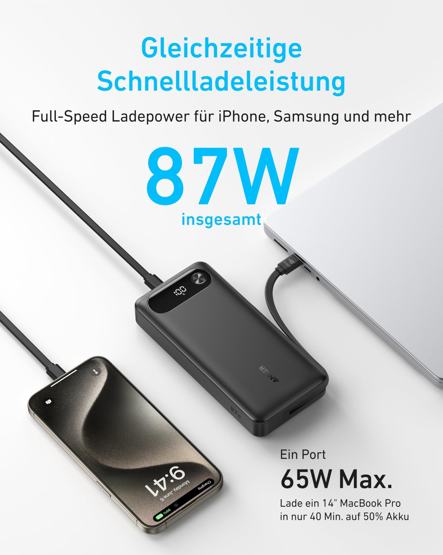 Anker Powerbank (20K, 87W, Integriertes USB-C Kabel)