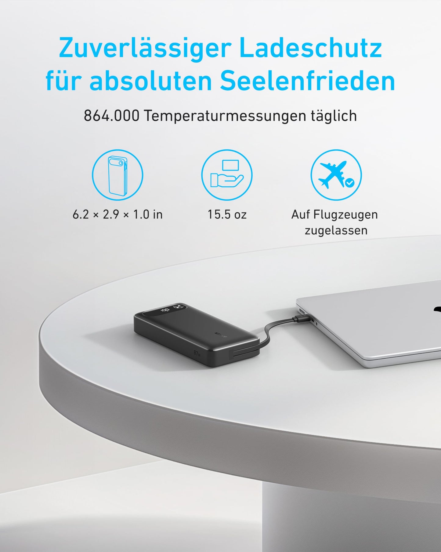 Anker Powerbank (20K, 87W, Integriertes USB-C Kabel)