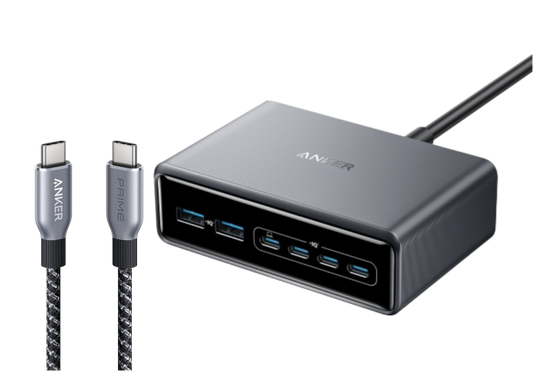 Anker Prime Ladegerät (200W, 6 Ports, GaN)+Anker Prime USB-C auf USB-C Kabel (240W, Upcycled-Flechtdesign)