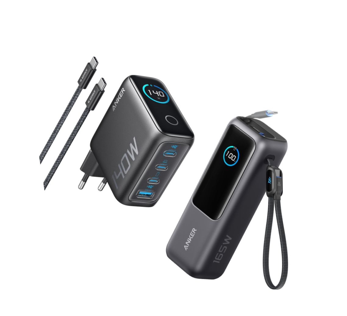 Anker Powerbank (25K, 165W, Integriertes + einziehbares Kabel)+Anker Ladegerät (140W, 4-Port, PD 3.1) mit USB-C Kabel