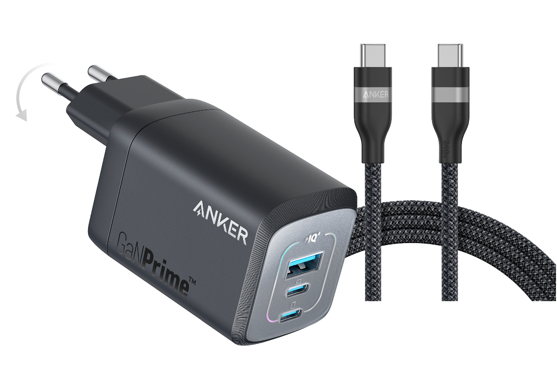 Anker Prime 100W GaN Wandladegerät (3 Ports)+Anker USB-C auf USB-C Kabel (180cm, 240W, Upcycled-Geflochten)