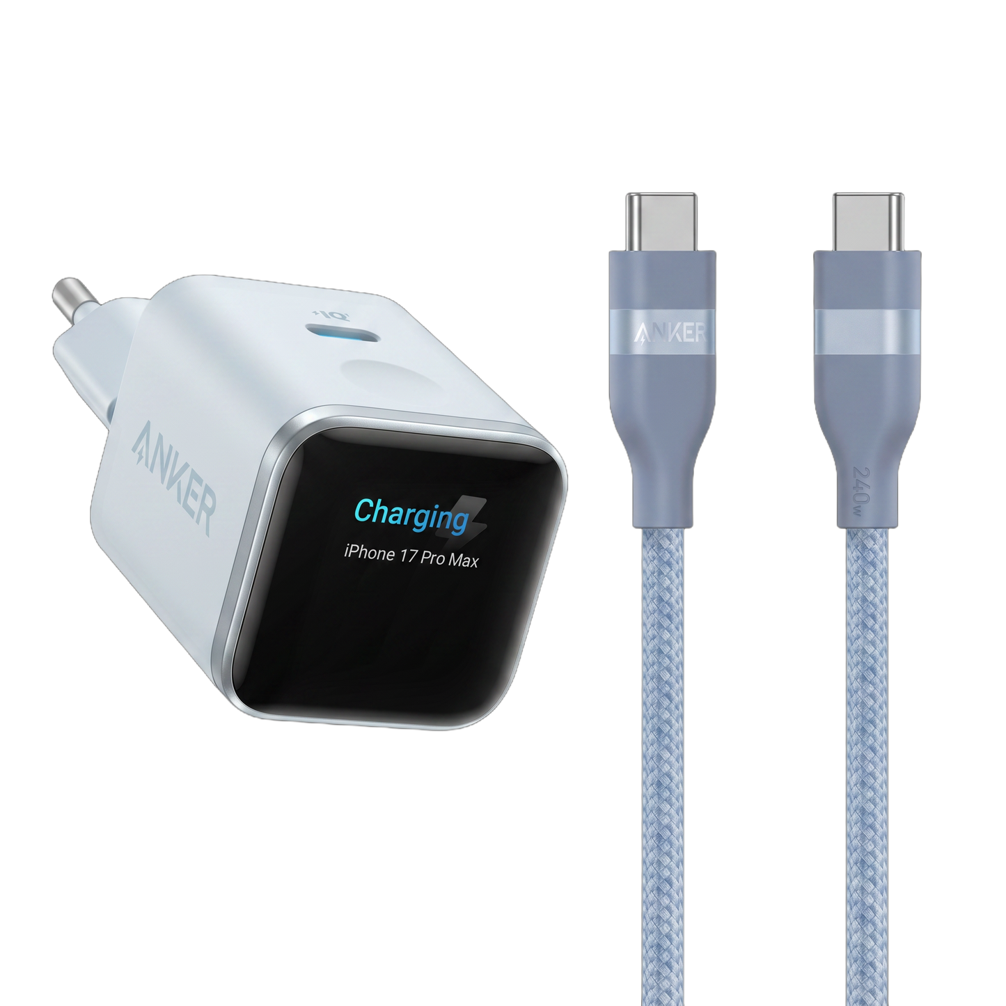 Anker Nano Ladegerät (45W, Smart Display)+Anker USB-C auf USB-C Kabel (90cm/180cm, 240W, Upcycled-Geflochten)