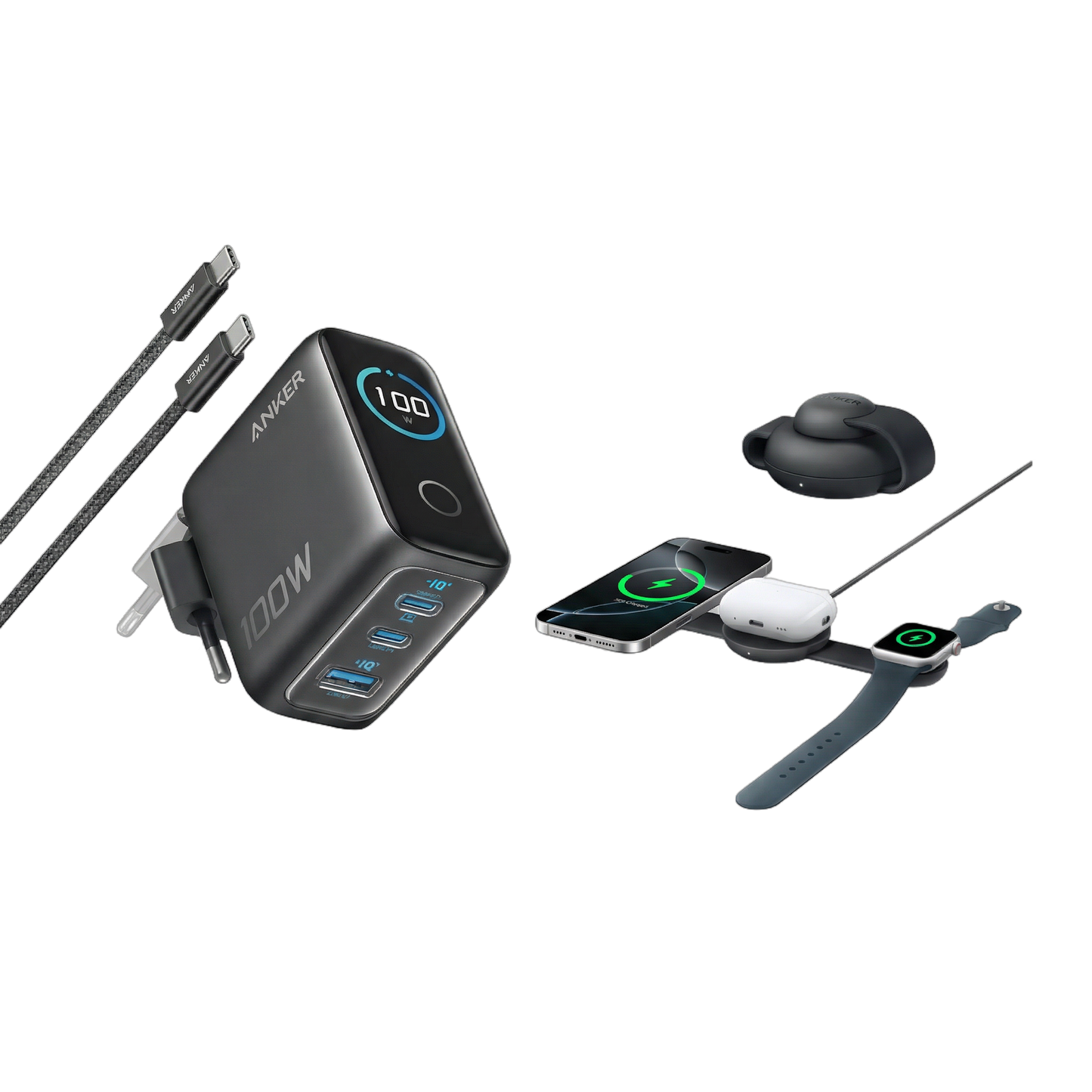 Anker MagGo kabellose Ladestation (3-in-1, Faltbares Ladepad) + Anker Ladegerät (100W, 3 Ports, Smart Display) mit USB-C Kabel