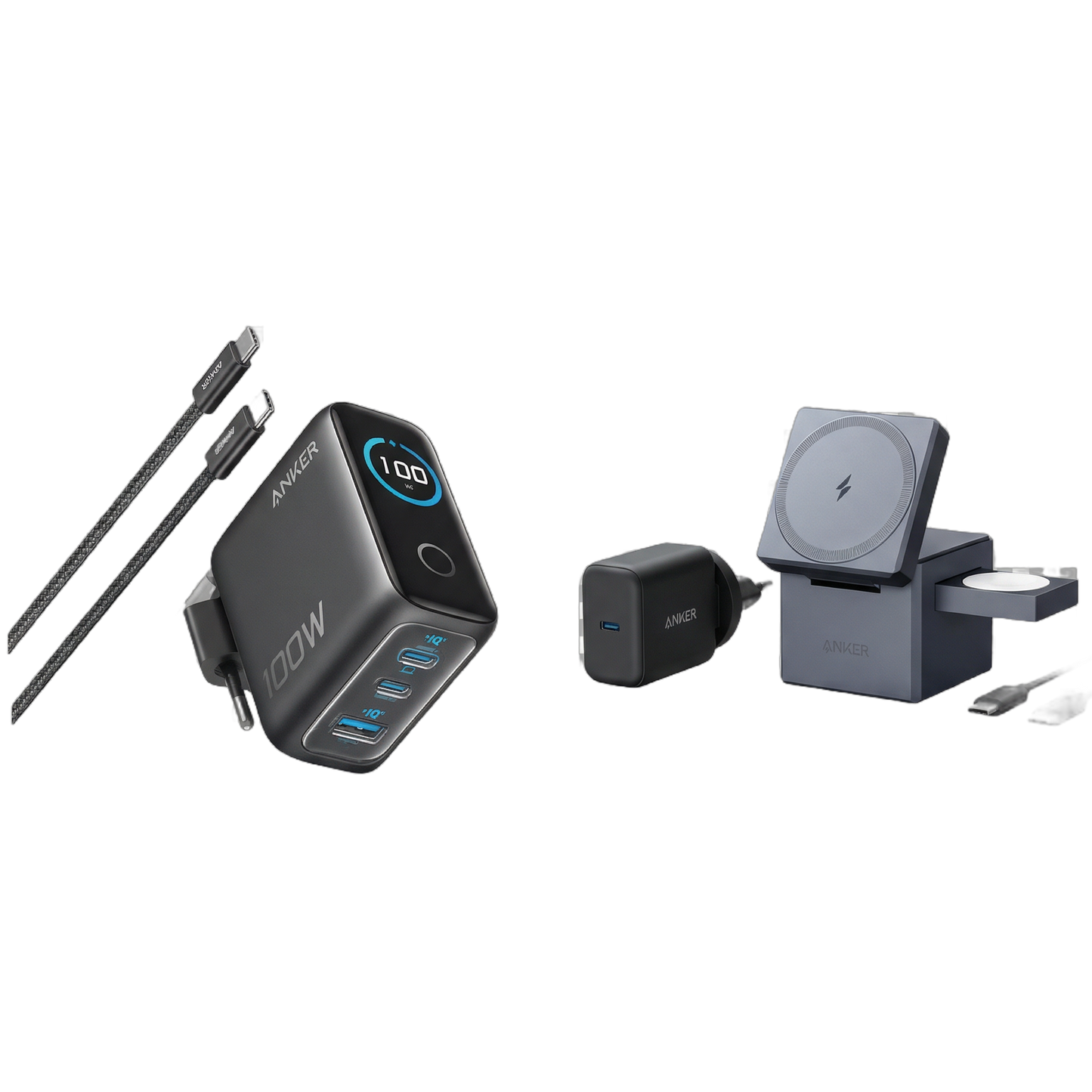 Anker 3-in-1 Ladewürfel mit MagSafe + Anker Ladegerät (100W, 3 Ports, Smart Display) mit USB-C Kabel