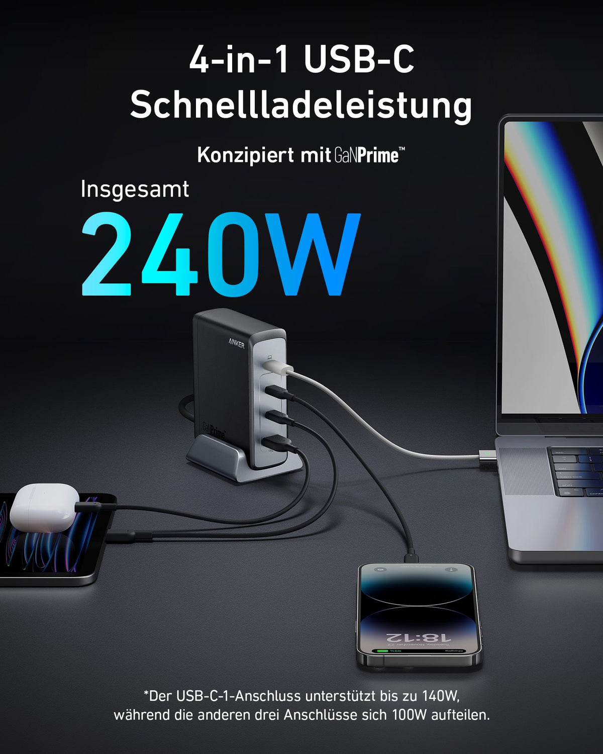 Anker Prime 240W GaN Wandladegerät (4 Ports)