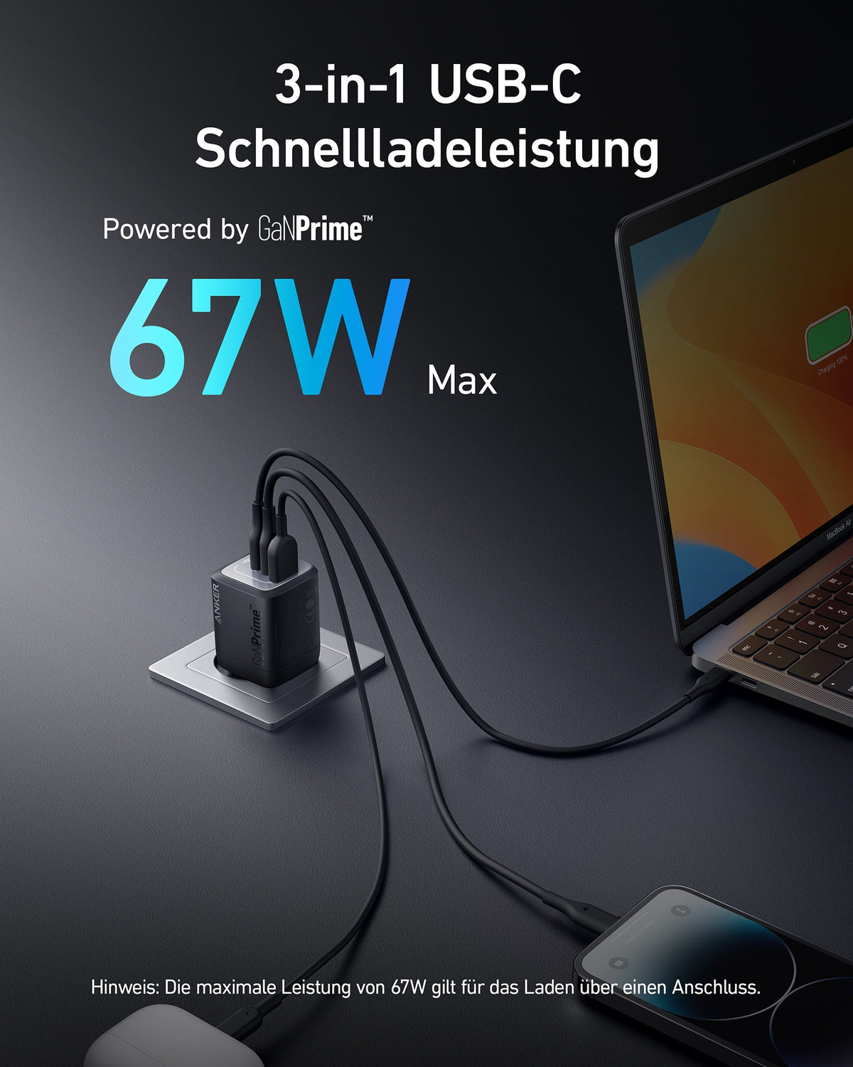 Anker Prime 67W GaN Wandladegerät (3 Ports)
