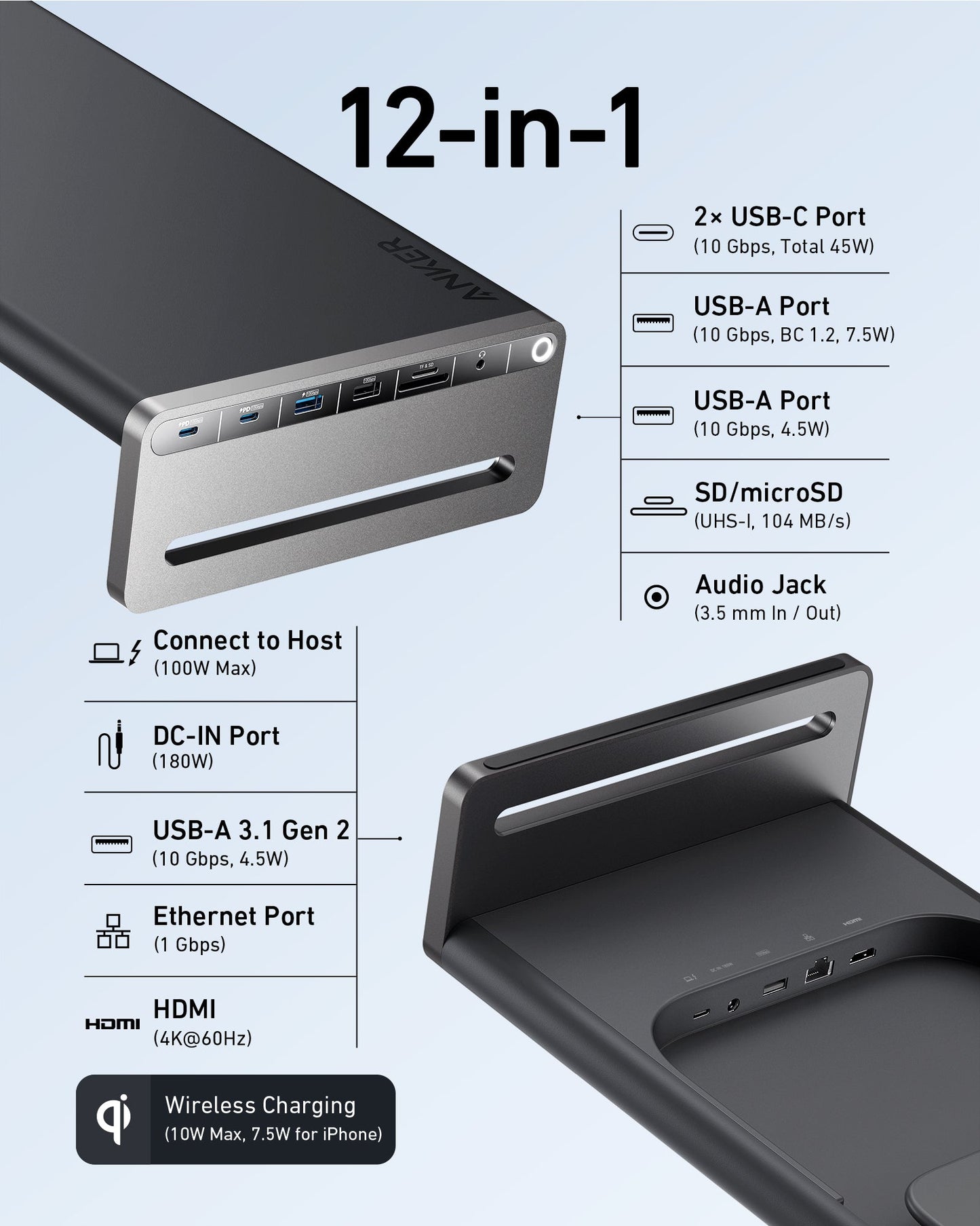Anker <b>675</b> USB-C Docking Station (12-in-1, Halterung, Kabellos)